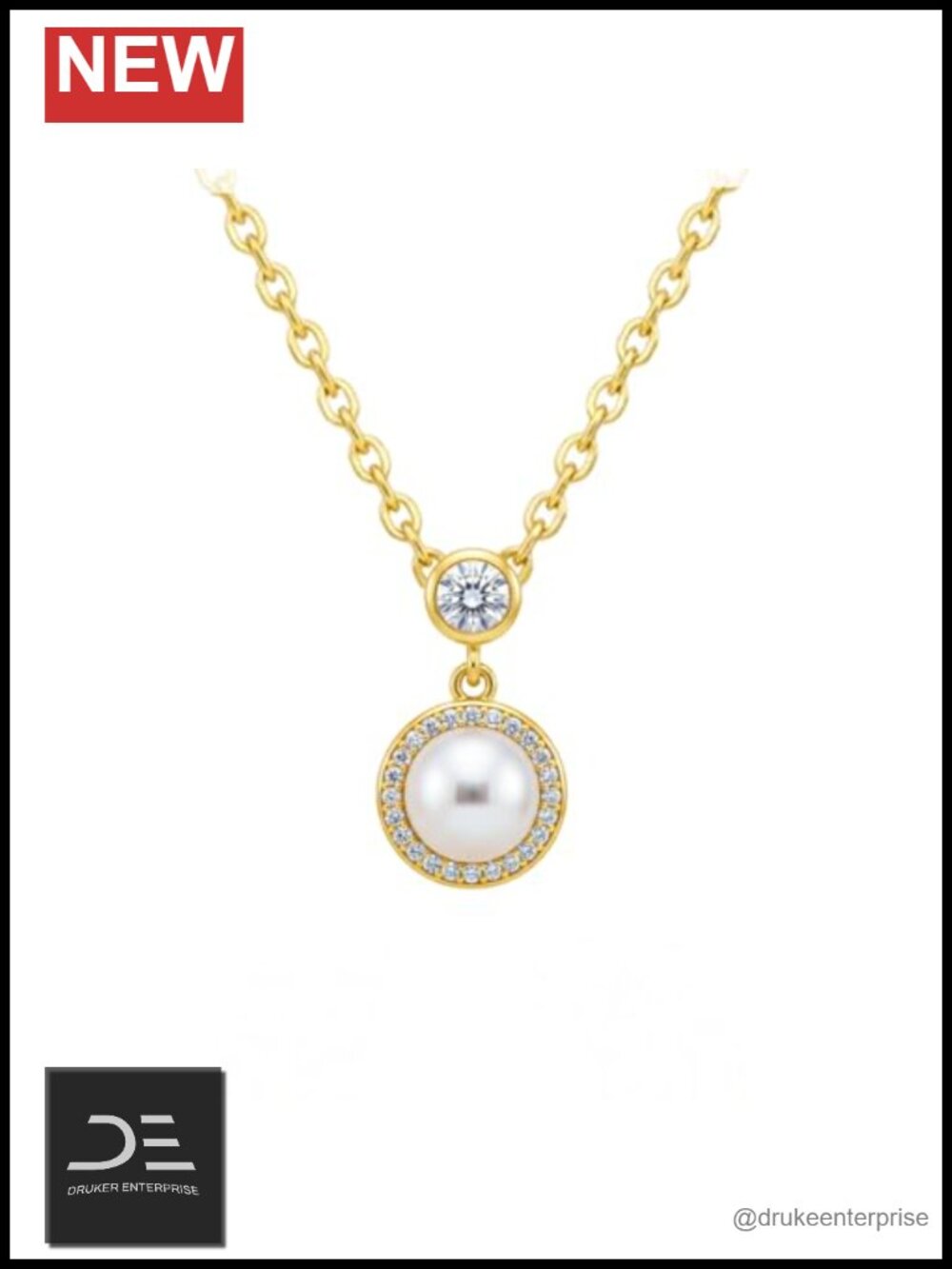 18K Gold Plated 925 Sterling Silver Pearl Necklace 8MM Freshwater Pearl CZ Halo